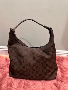 Gucci GG Brown Monogram Shoulder Hobo Bag Purse